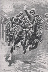 El teniente Maclaine llevando los cañones a Maiwand, 17 de julio de 1880, ilustración de British Battles on Land and Sea, 1915