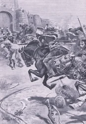 Los lanceros del 16º y el caballo de Skinner empujando a los Jats hacia Bharatpur; diciembre de 1825, ilustración de British Battles on Land and Sea, 1915