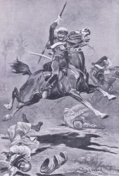 Los lanceros del 9º en Delhi, 1857, ilustración de British Battles on Land and Sea, 1915