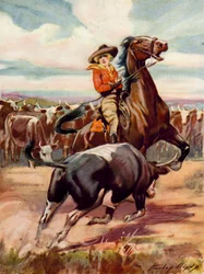 Escena de A merced de los bandoleros: una vaquera a caballo es embestida por un gran buey (litografía en color).