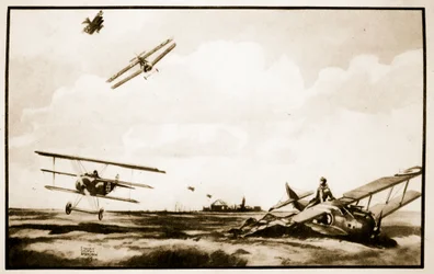 La muerte de Richthofen, ilustración de "Flying Memories" de John Hamilton
