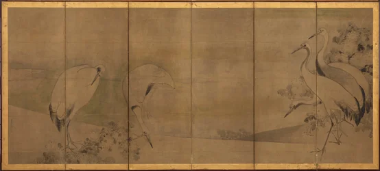 Grullas y crisantemos, período Momoyama o Edo, 1568-1868
