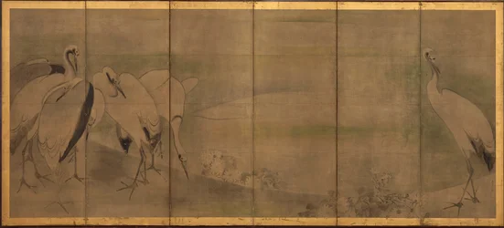 Grullas y crisantemos, período Momoyama o Edo, 1568-1868