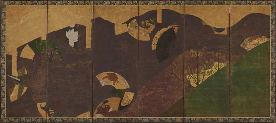 Enredaderas de hiedra, puentes y abanicos flotantes, período Momoyama o Edo, principios del siglo XVII