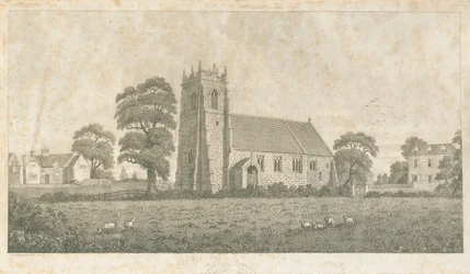 Iglesia de Adbaston (grabado en línea y puntillismo)
