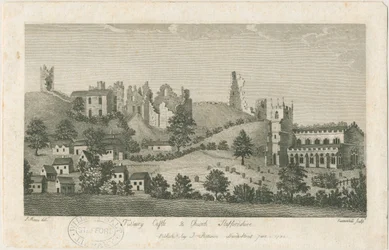 Castillo y iglesia de Tutbury - Vista sureste: grabado, nd [1762-1792]