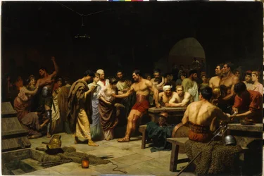 Los Gladiadores antes de una aparición en la Arena. Los patricios romanos visitan y evalúan el físico de los gladiadores antes del combate, las mujeres adulan y felicitan a los luchadores. Pintura de Stepan (