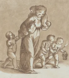 Una niña camina hacia la izquierda con un bebé en su hombro y sosteniendo otro, ca. 1780