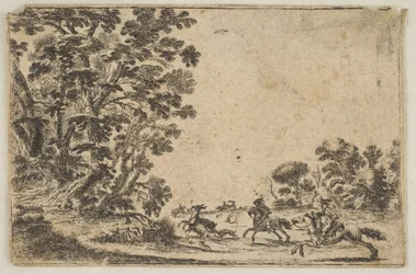 Placa 4: una cacería de ciervos, dos jinetes galopando hacia la derecha detrás de tres perros, después de 1642