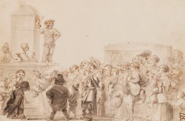 Un grupo de enanos viendo un espectáculo de marionetas, con un carruaje en el fondo