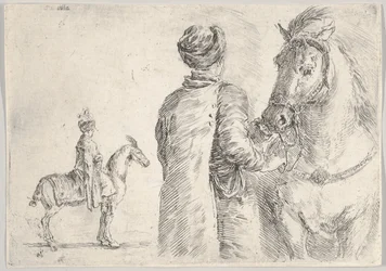 Un ayuda de cámara polaco, visto desde atrás, sosteniendo las riendas de un caballo a la derecha, un caballo polaco..., ca. 1662