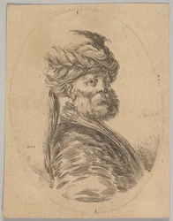 Un hombre turco con barba y turbante con una pluma larga en el frente, girado tres cuartos, 1650
