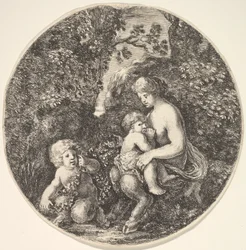 Una sátiro hembra amamantando a un niño a la derecha, girada hacia la izquierda, un niño sátiro..., 1639