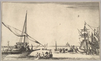 Una galera llegando al puerto a la izquierda, varios botes en el centro, barcos en el puerto a la derecha, 1639