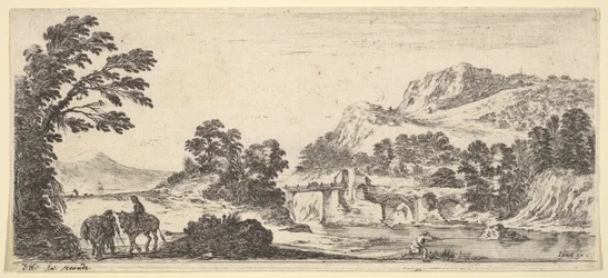 Una mula llevando a una mujer y un campesino caminando con una mula a la izquierda, un pescador a la derecha..., ca. 1641