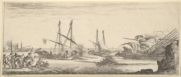 Una batalla naval, un bote lleno de hombres a la izquierda, un barco hundiéndose a la derecha, dos galeras en el fondo, ca. 1641