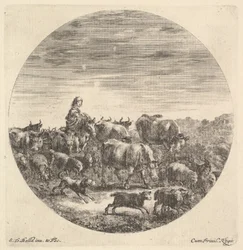 Una campesina sentada en un caballo a la izquierda, mirando a la derecha, rodeada de un rebaño, ca. 1643-48