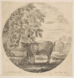 Una campesina con una vaca en una fuente decorada con los brazos de los Medici, ca. 1646