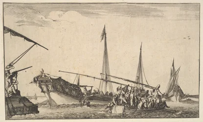 Un bote lleno de hombres a la derecha, un barco con hombres descendiendo a un bote detrás a la izquierda, 1639