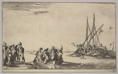 Un bote lleno de hombres en el centro, un grupo de hombres de pie en la orilla a la izquierda, un barco lleno de..., 1639