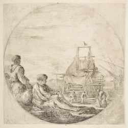 Un marinero blanco sentado y un marinero negro de pie, personas construyendo un barco en el fondo..., ca. 1660
