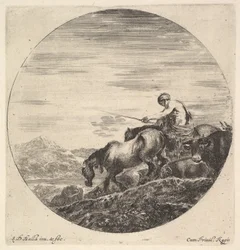 Un pastor a la derecha, mirando a la izquierda, conduciendo un grupo de animales cuesta abajo, una composición redonda..., ca. 1643-48