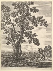 Una mujer a caballo vista desde atrás descendiendo una colina a la derecha, un gran árbol..., ca. 1652-57