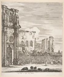 Arco de Constantino y Coliseo con ovejas pastando en primer plano, de «Seis grandes vistas, cuatro de Roma y dos de la Campaña romana» (Seis grandes vistas, de las cuales cuatro de Roma y dos de la Campaña romana)