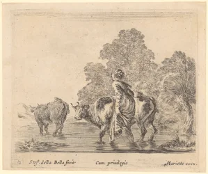 Campesina cruzando un río con dos vacas