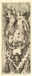 Putti soplando burbujas, murciélago y guirnalda