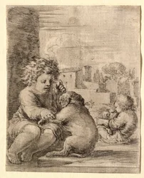 Niño enseñando a un perro a sentarse sobre las patas traseras