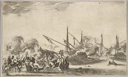 Combate entre varias lanchas y barcos, dos grupos de hombres en lanchas luchando a la izquierda