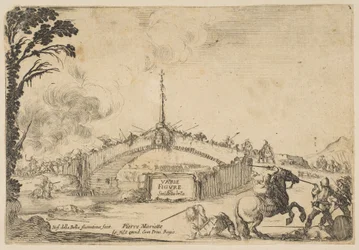 Combate en un puente, un jinete y dos soldados de infantería luchan con espadas en la parte inferior derecha, ca. 1645