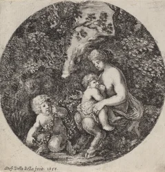 Sátiro femenino amamantando a un niño en un paisaje boscoso, 1656