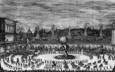 Fiesta en Florencia en el siglo XVII en "Il mondo feggiante. Balletto a cavallo hecho en el teatro junto al Palacio del Sereniss. Gran Duque, para las reales bodas de los Serenísimos Príncipes Cosimo Tercero de Toscana, y Margarita Luisa de Orleans." placa