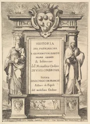 Frontispicio: un monumento decorado con el escudo de armas de los Medici en la parte superior en el centro, llamas a..., 1640