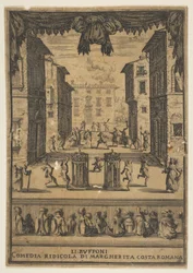 Frontispicio para la comedia Los Bufones Li Buffoni, un escenario que se asemeja a un p..., ca. 1639