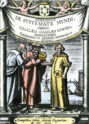 Frontispicio de "Dialogo sopra i due massimi sistemi del mondo" de Galileo, publicado en 1632 (grabado