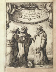 Galileo (izquierda) conversando con Ptolomeo (centro) y Copérnico, frontispicio ilustrado del Dialogo sopra i due Massimi Sistemi del Mondo, Tolemaico e Copernicano