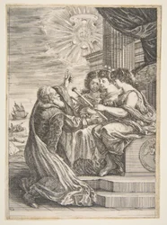 Galileo y personificaciones de Astronomía, Perspectiva y Matemáticas, frontispicio para, 1656