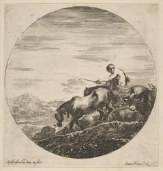 Pastor a caballo conduce animales, de Seis sujetos de animales, ca. 1646