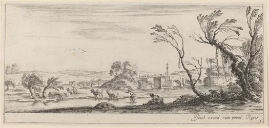Paisaje con campesino preparándose para cruzar un arroyo, en o antes de 1647