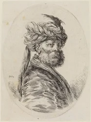 Varias cabezas peinadas al estilo persa (Plusieurs têtes coiffées à la persienne): busto de un turco barbudo en perspectiva de tres cuartos, mirando hacia la derecha