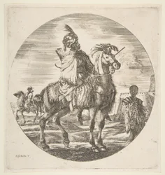 Jinete moro de perfil mirando hacia la derecha, a la derecha un esclavo negro que sostiene una piel, otr..., ca. 1651.