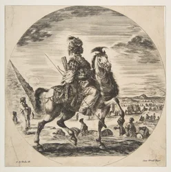 Jinete moro de perfil mirando hacia la derecha, al fondo una pirámide a la izquierda, muchas fi..., ca. 1651.