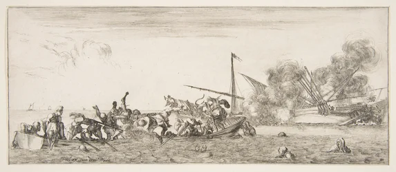 Batalla naval, un bote lleno de personas luchando con mosquetes a la izquierda, personas ahogándose, ca. 1641