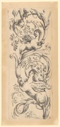 Panel ornamental con tres esfinges, lámina 3 de la serie «Ornamentos o grutescos»