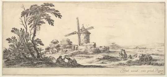 Placa 10: una familia en el centro del primer plano, varias figuras y caballos en el fondo, ca. 1641