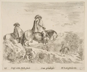 Placa 10: dos jinetes descendiendo una montaña a la izquierda, otro jinete a la derecha en ..., ca. 1644-47