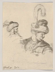 Placa 11: un busto polaco de perfil, girado a la derecha, otra cabeza polaca vista desde..., ca. 1649